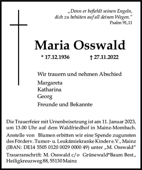 Traueranzeige von Maria Osswald von vrm-trauer AZ Mainz