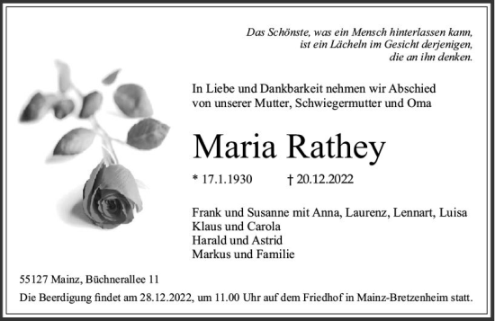 Traueranzeige von Maria Rathey von vrm-trauer AZ Mainz