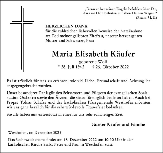 Traueranzeige von Maria Elisabeth Käufer von vrm-trauer Allgemeine Zeitung Alzey