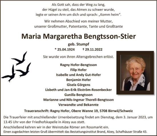 Traueranzeige von Maria Margaretha Bengtsson-Stier von vrm-trauer Allgemeine Zeitung Alzey