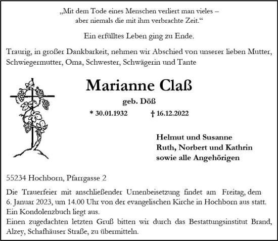 Traueranzeige von Marianne Claß von vrm-trauer Allgemeine Zeitung Alzey