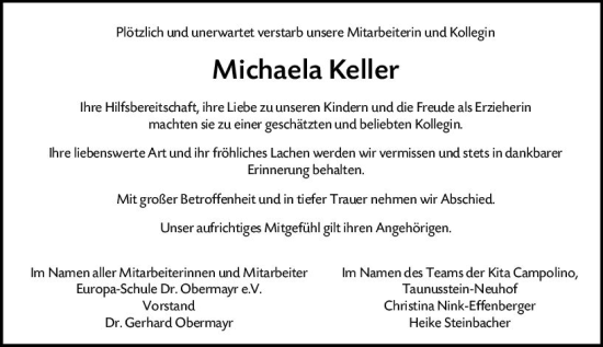 Traueranzeige von Michaela Keller von vrm-trauer Wiesbadener Kurier