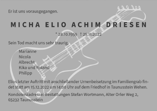 Traueranzeige von Micha Elio Achim Driesen von vrm-trauer Wiesbadener Kurier