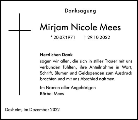 Traueranzeige von Mirjam Nicole Mees von vrm-trauer AZ Mainz