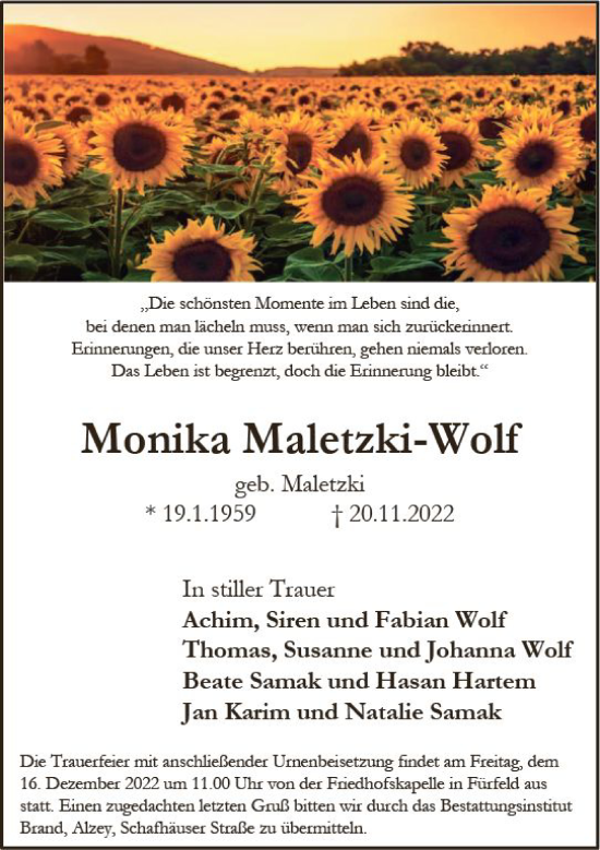 Traueranzeige von Monika Maletzki-Wolf von vrm-trauer Allgemeine Zeitung Alzey