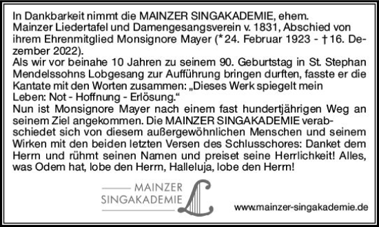 Traueranzeige von Monsignore Mayer von vrm-trauer AZ Mainz