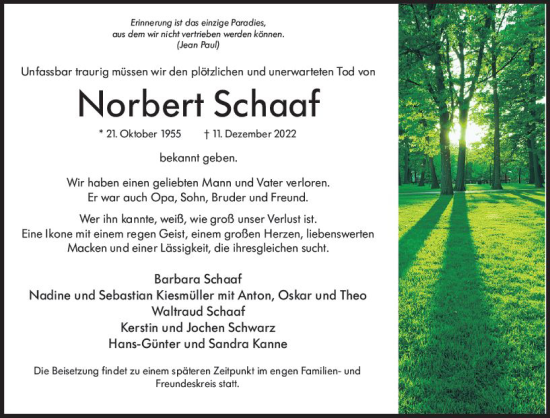 Traueranzeige von Norbert Schaaf von vrm-trauer Wiesbadener Kurier
