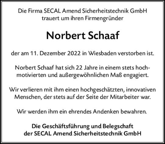 Traueranzeige von Norbert Schaaf von vrm-trauer Wiesbadener Kurier