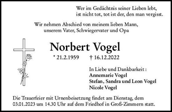 Traueranzeige von Norbert Vogel von vrm-trauer DieburgerAnzeiger/Groß-Zimmerner Lokala