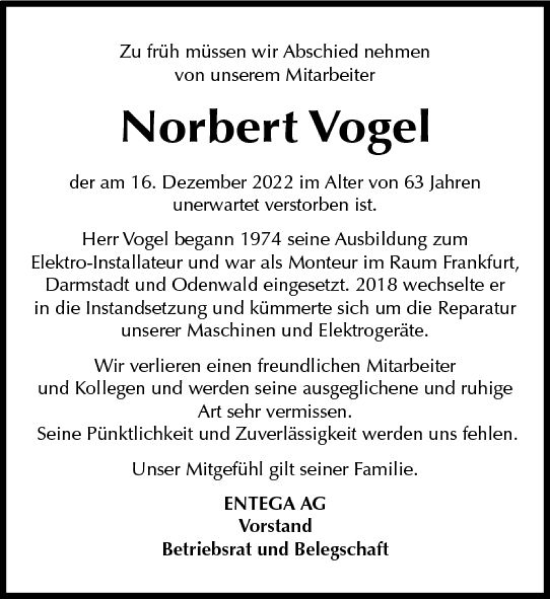 Traueranzeige von Norbert Vogel von vrm-trauer Odenwälder Echo