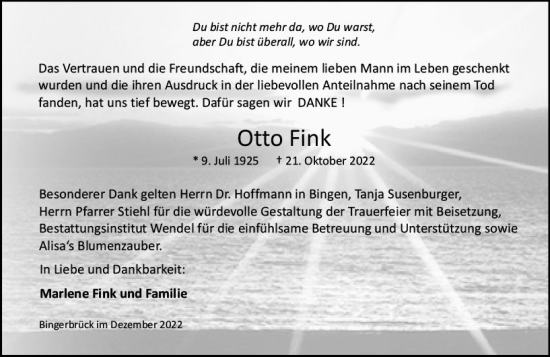 Traueranzeige von Otto Fink von vrm-trauer Allgemeine  Zeitung Ingelheim-Bingen