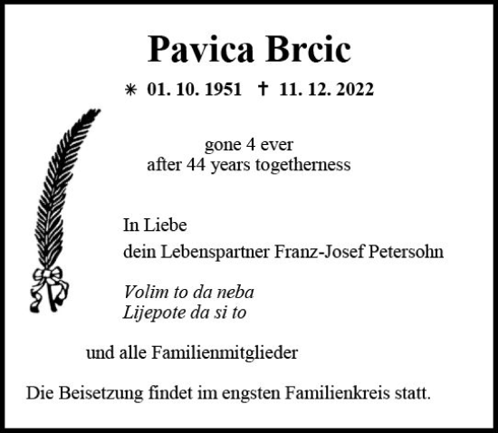 Traueranzeige von Pavica Brcic von vrm-trauer AZ Mainz