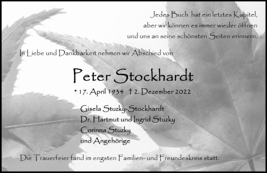 Traueranzeige von Peter Stockhardt von vrm-trauer Wiesbadener Kurier