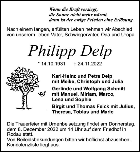 Traueranzeige von Philipp Delp von vrm-trauer Darmstädter Echo