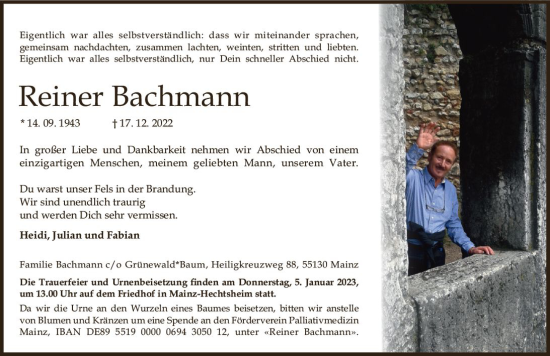 Traueranzeige von Reiner Bachmann von vrm-trauer AZ Mainz