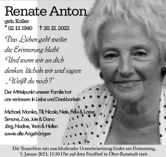 Traueranzeige von Renate Anton von vrm-trauer Darmstädter Echo