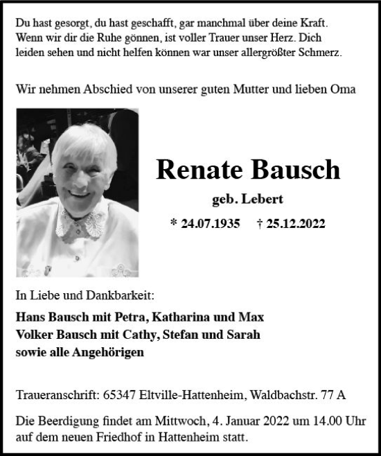 Traueranzeige von Renate Bausch von vrm-trauer Rheingau