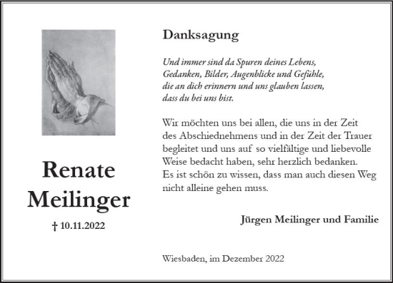 Traueranzeige von Renate Meilinger von vrm-trauer Wiesbadener Kurier Traueranzeige von Renate Meilinger von vrm-trauer Wiesbadener Kurier