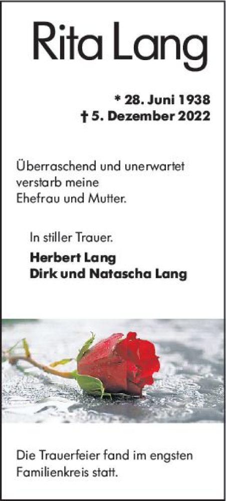 Traueranzeige von Rita Lang von vrm-trauer Allgemeine  Zeitung Ingelheim-Bingen