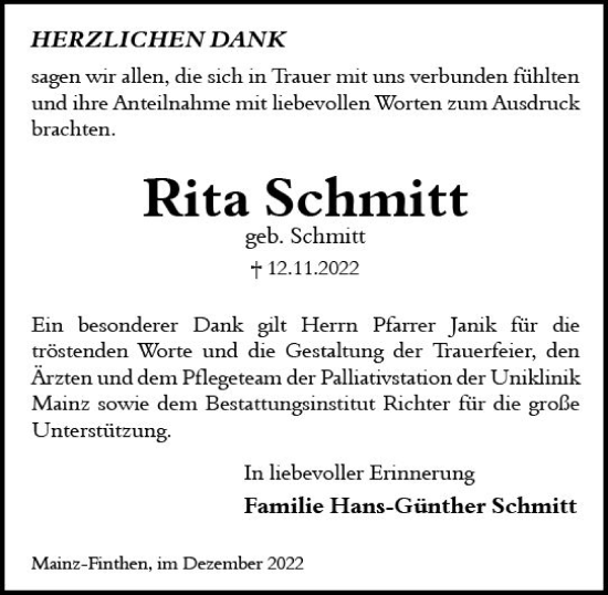 Traueranzeige von Rita Schmitt von vrm-trauer AZ Mainz