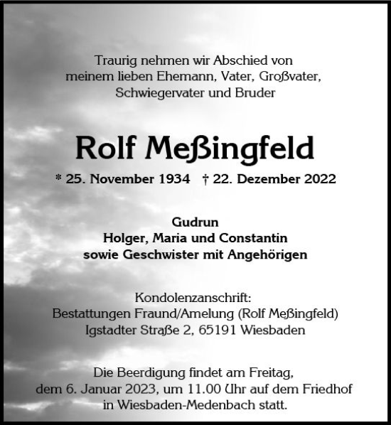 Traueranzeige von Rolf Meßingfeld von vrm-trauer Wiesbadener Kurier
