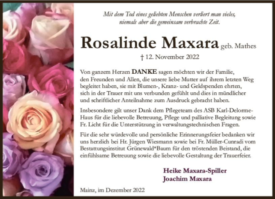 Traueranzeige von Rosalinde Maxara von vrm-trauer AZ Mainz