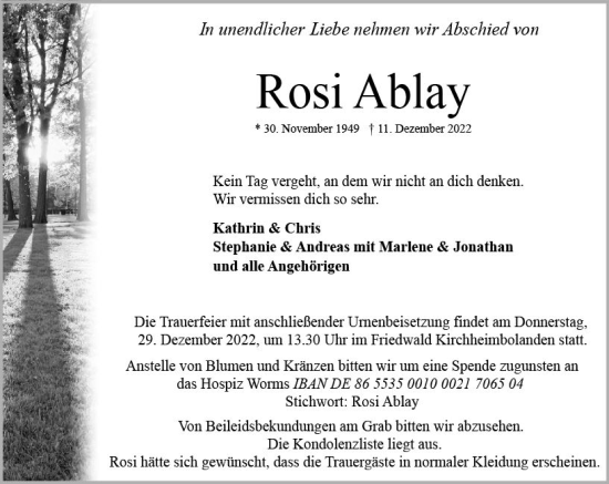 Traueranzeige von Rosi Ablay von vrm-trauer Wormser Zeitung