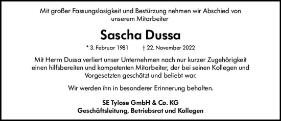 Traueranzeige von Sascha Dussa von vrm-trauer Wiesbadener Kurier