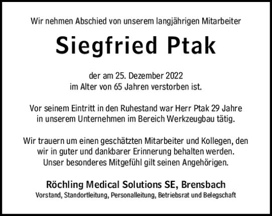 Traueranzeige von Siegfried Ptak von vrm-trauer Darmstädter Echo