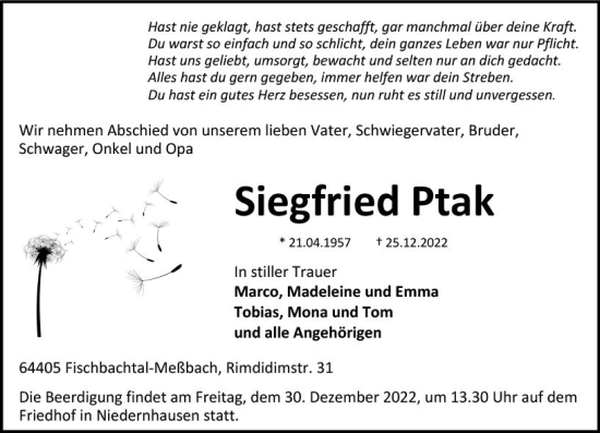 Traueranzeige von Siegfried Ptak von vrm-trauer Darmstädter Echo