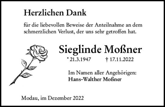 Traueranzeige von Sieglinde Moßner von vrm-trauer Darmstädter Echo
