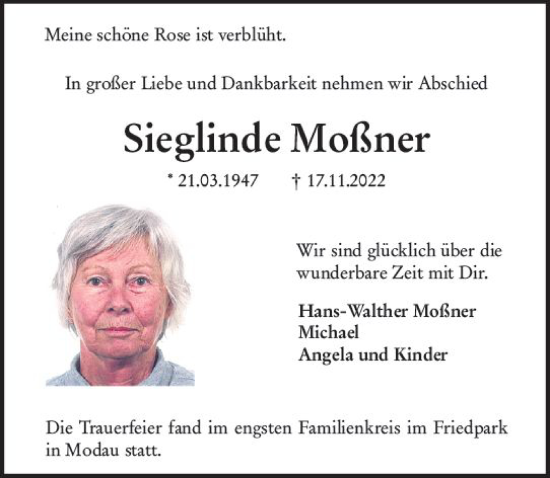 Traueranzeige von Sieglinde Moßner von vrm-trauer Darmstädter Echo