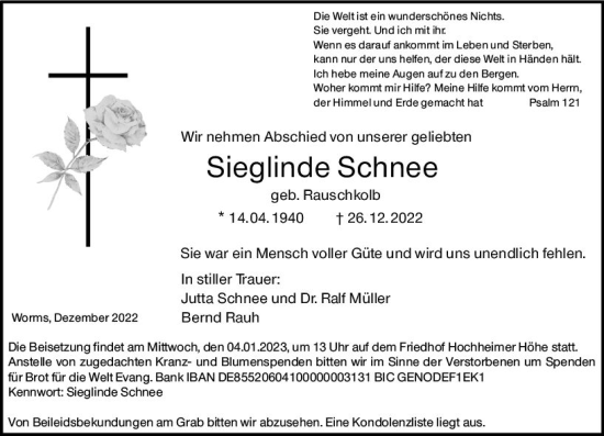 Traueranzeige von Sieglinde Schnee von vrm-trauer Wormser Zeitung