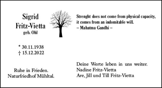 Traueranzeige von Sigrid Fritz-Vietta von vrm-trauer DieburgerAnzeiger/Groß-Zimmerner Lokala