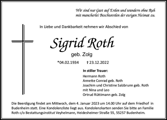 Traueranzeige von Sigrid Roth von vrm-trauer AZ Mainz