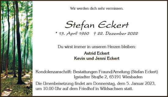Traueranzeige von Stefan Eckert von vrm-trauer Wiesbadener Kurier