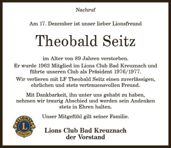 Traueranzeige von Theobald Seitz von vrm-trauer Allg. Zeitung Bad Kreuznach
