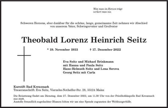 Traueranzeige von Theobald Lorenz Heinrich Seitz von vrm-trauer Allg. Zeitung Bad Kreuznach