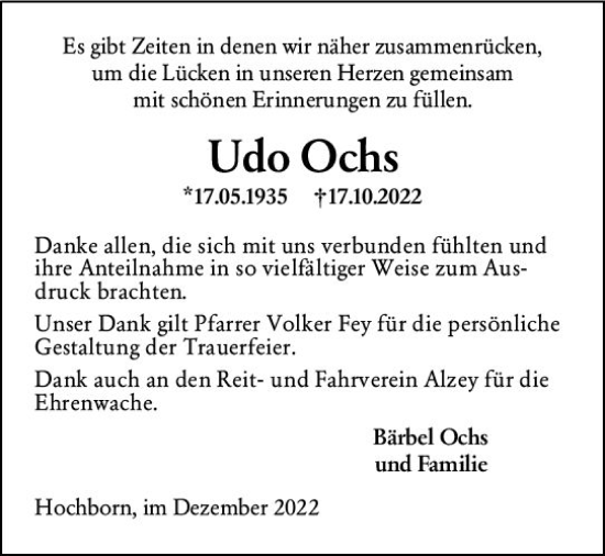 Traueranzeige von Udo Ochs von vrm-trauer Allgemeine Zeitung Alzey