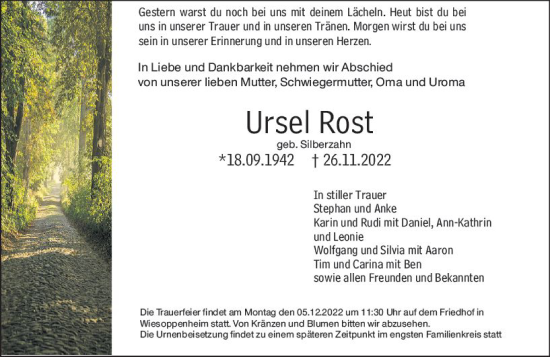 Traueranzeige von Ursel Rost von vrm-trauer Wormser Zeitung