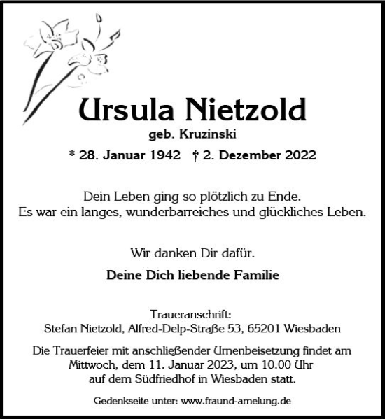 Traueranzeige von Ursula Nietzold von vrm-trauer Wiesbadener Kurier