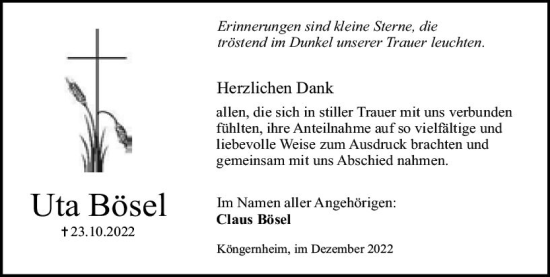 Traueranzeige von Uta Bösel von vrm-trauer AZ Mainz