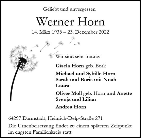 Traueranzeige von Werner Horn von vrm-trauer Darmstädter Echo