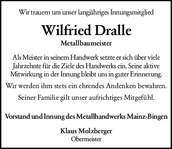 Traueranzeige von Wilfried Dralle von vrm-trauer Allgemeine  Zeitung Ingelheim-Bingen