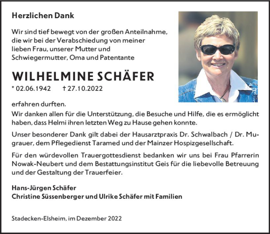Traueranzeige von Wilhelmine Schäfer von vrm-trauer Allgemeine  Zeitung Ingelheim-Bingen