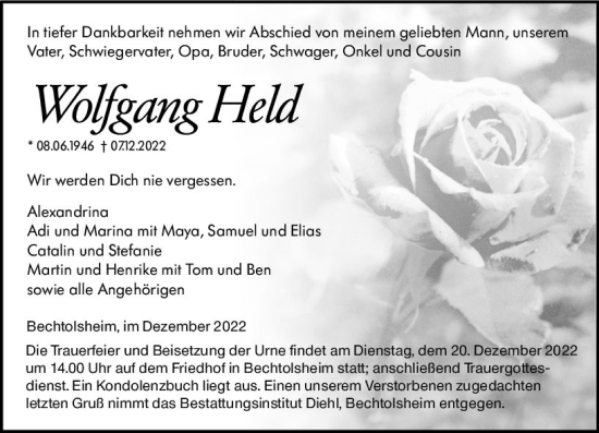 Traueranzeige von Wolfgang Held von vrm-trauer Allgemeine Zeitung Alzey