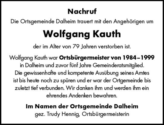 Traueranzeige von Wolfgang Kauth von vrm-trauer AZ Mainz