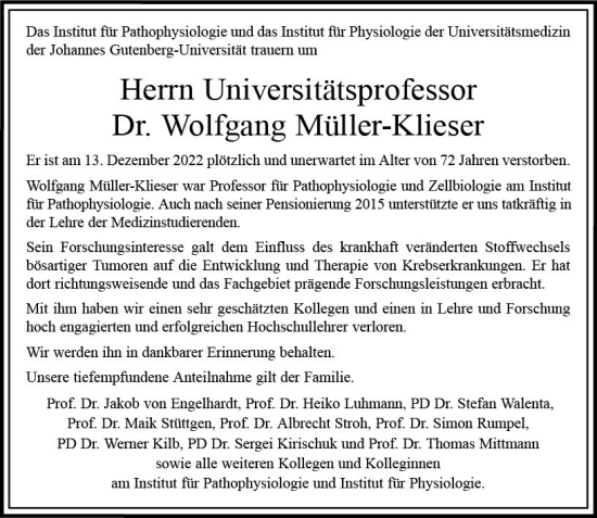 Traueranzeige von Wolfgang Müller-Klieser von vrm-trauer AZ Mainz