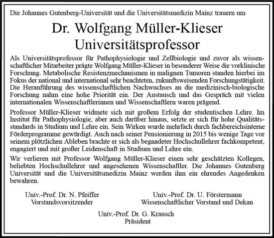 Traueranzeige von Wolfgang Müller-Klieser von vrm-trauer AZ Mainz