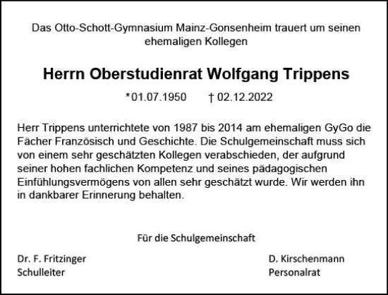 Traueranzeige von Wolfgang Trippens von vrm-trauer AZ Mainz